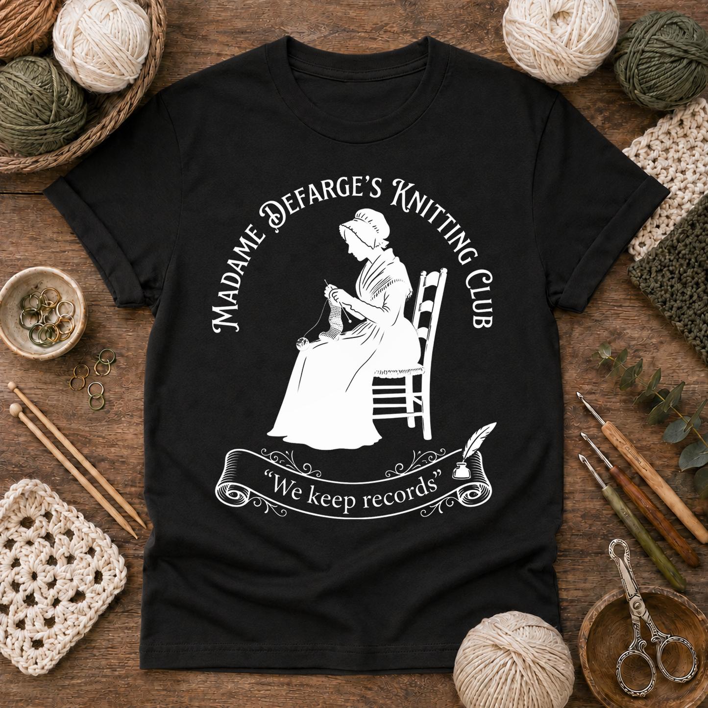 Madame Defarge’s Knitting Club: We Keep Records T Shirt