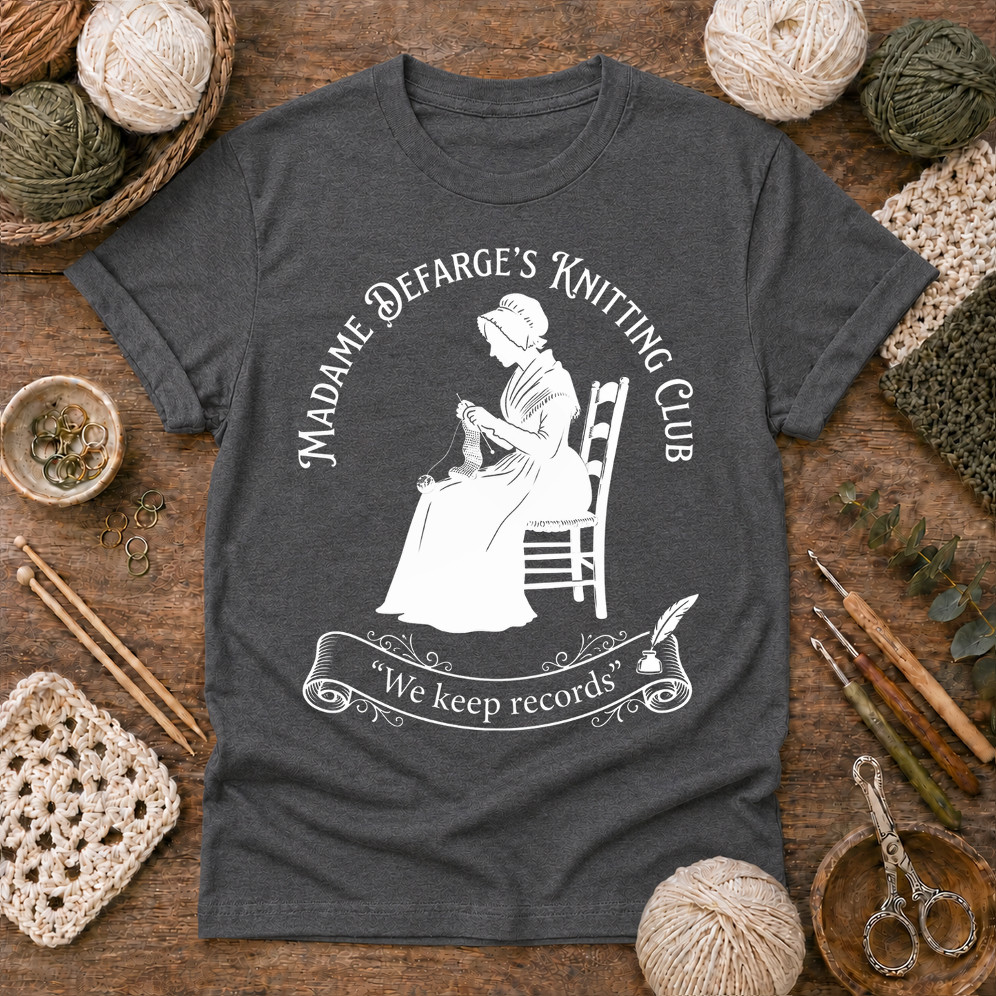 Madame Defarge’s Knitting Club: We Keep Records T Shirt