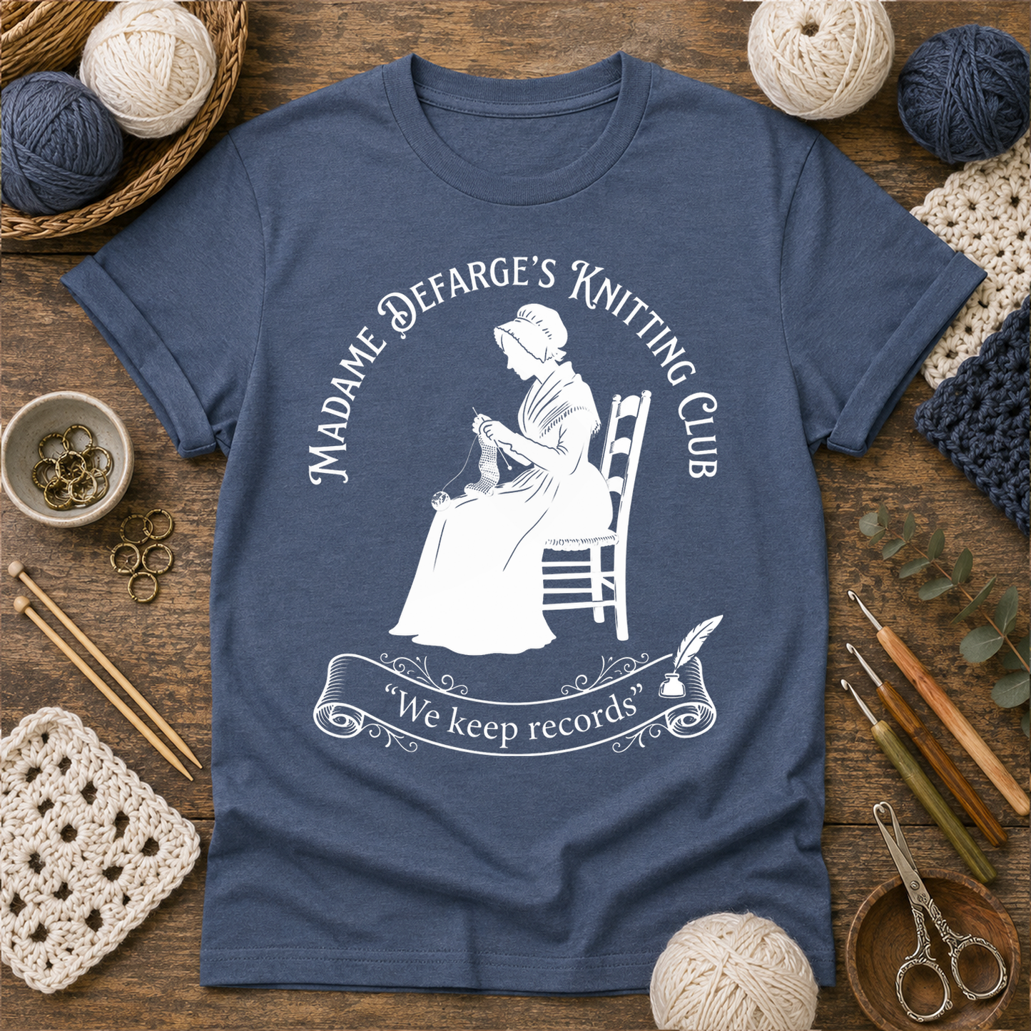 Madame Defarge’s Knitting Club: We Keep Records T Shirt