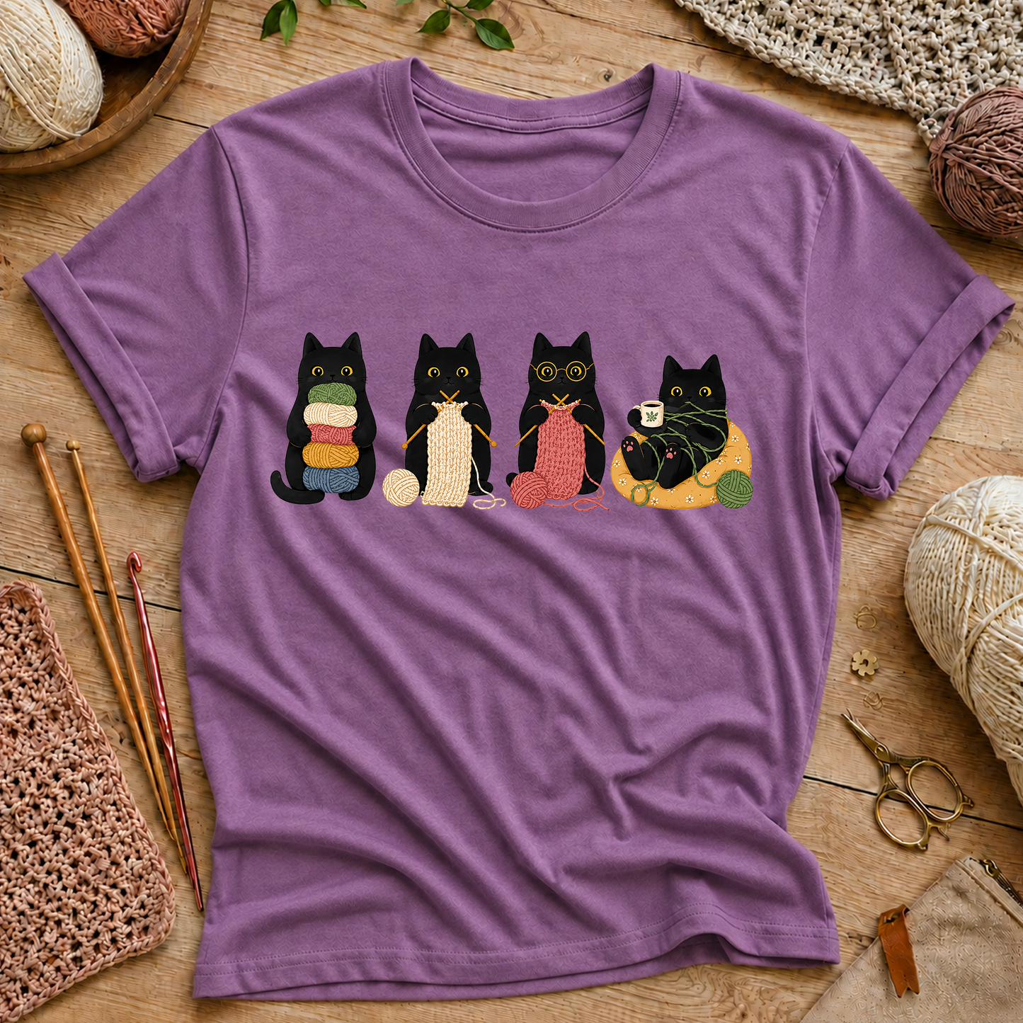 Black Cats with Yarn & Snacks Graphic T‑Shirt
