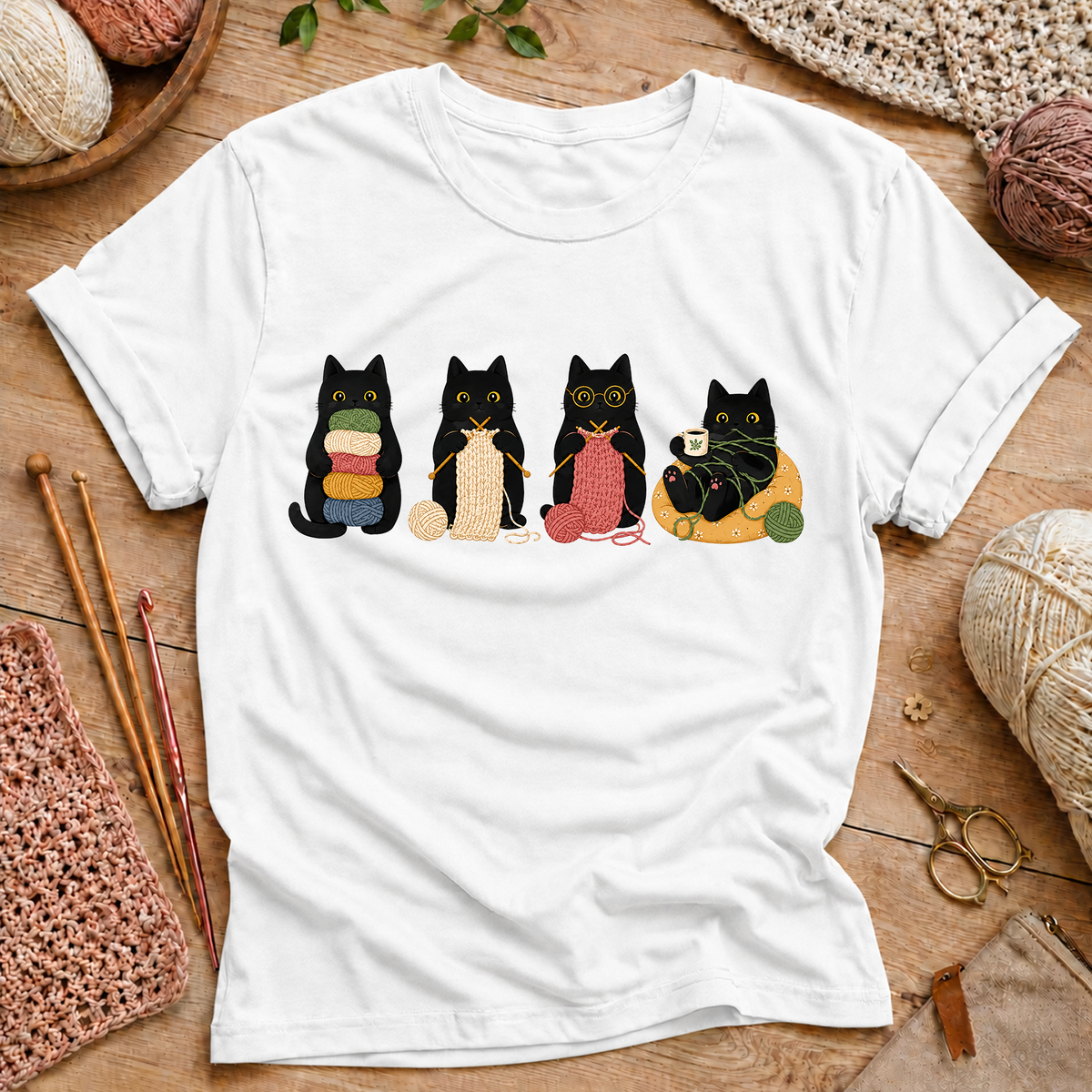 Black Cats with Yarn & Snacks Graphic T‑Shirt
