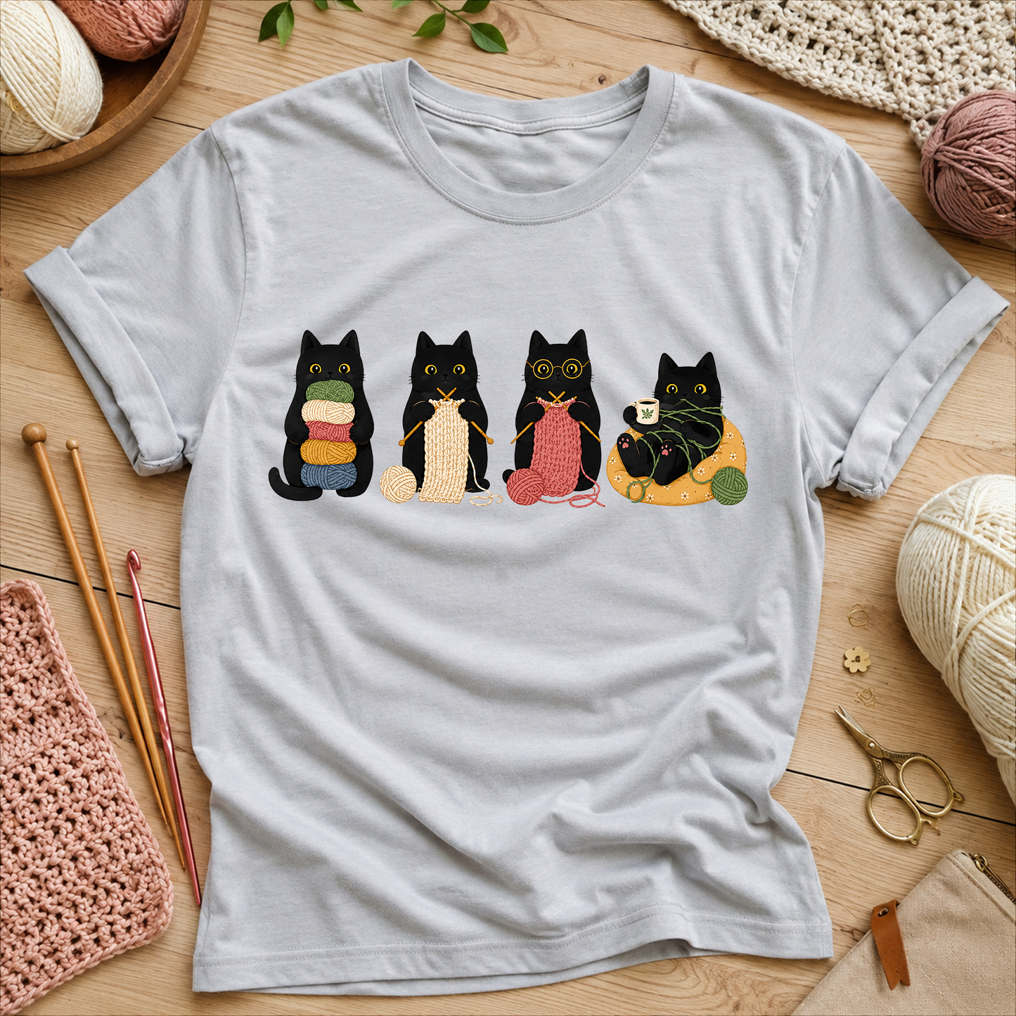 Black Cats with Yarn & Snacks Graphic T‑Shirt