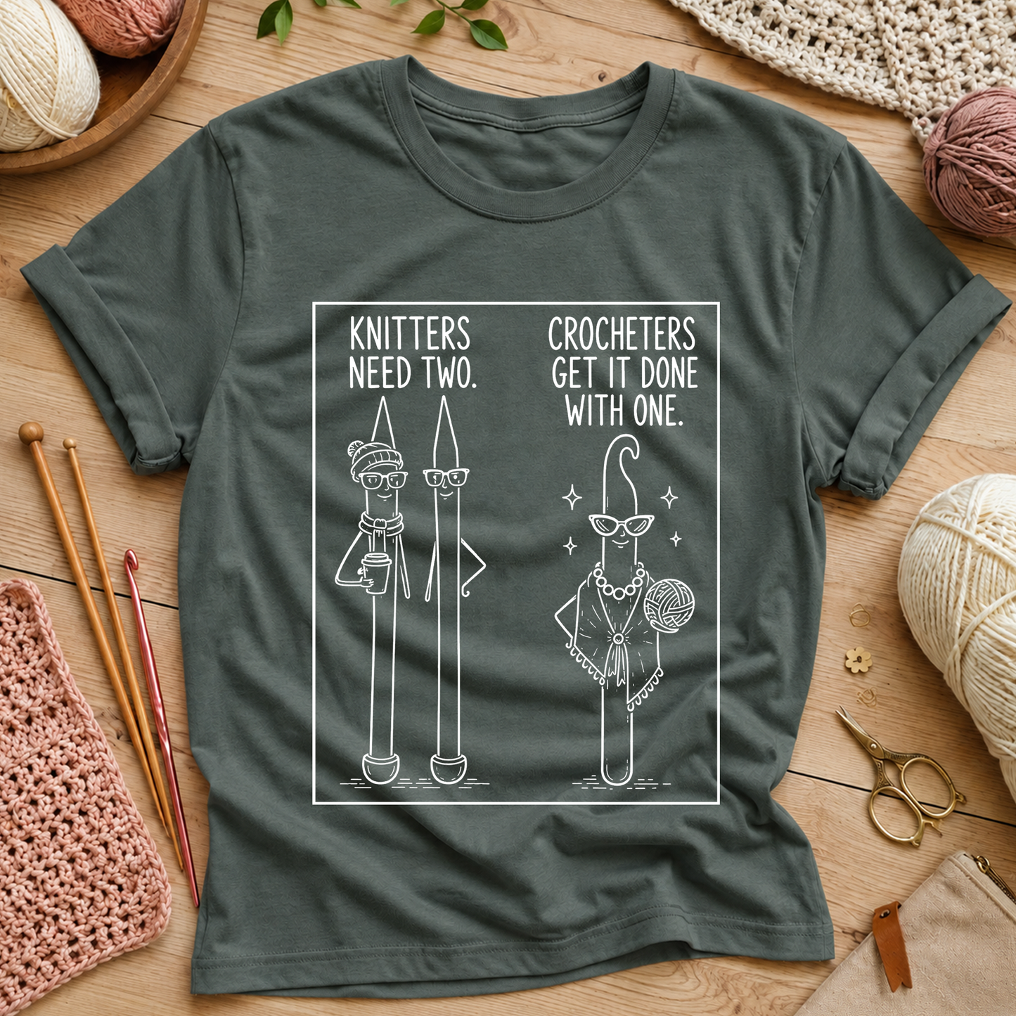 Knitters Need Two, Crocheters Get It Done With One T-Shirt