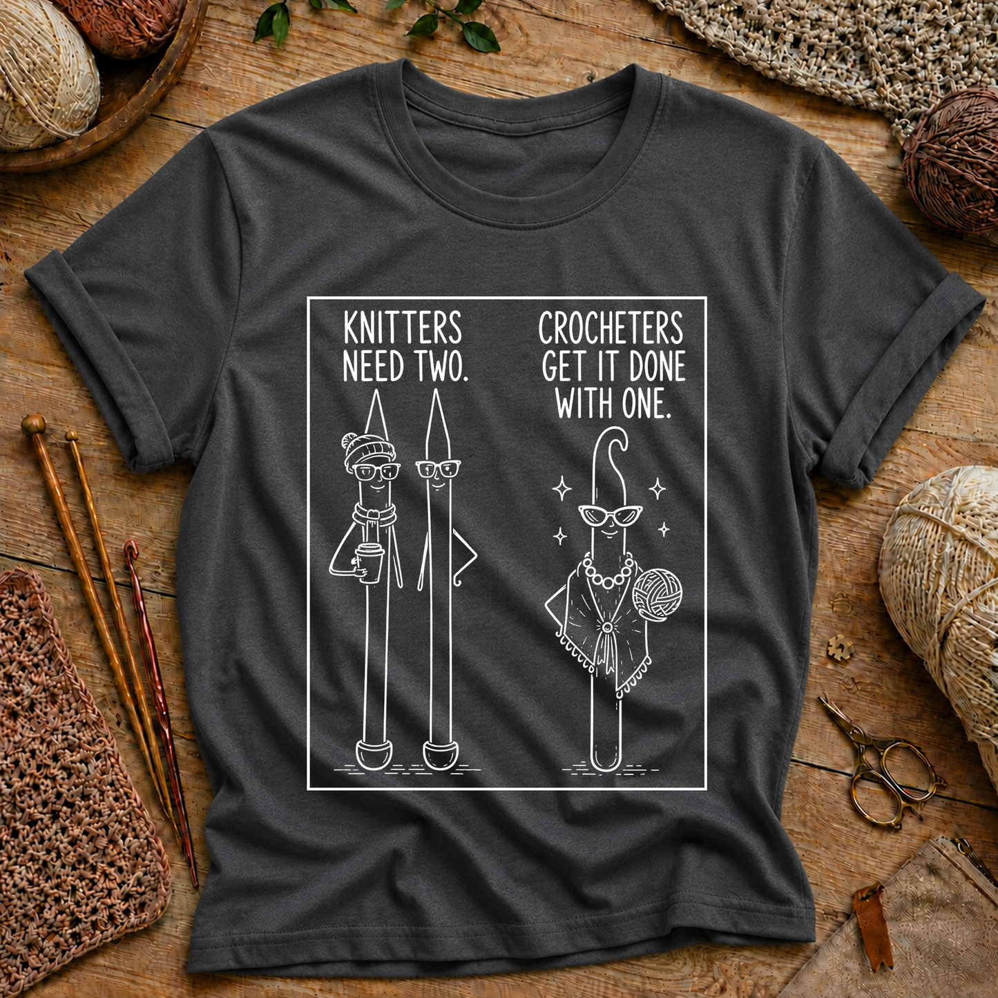 Knitters Need Two, Crocheters Get It Done With One T-Shirt