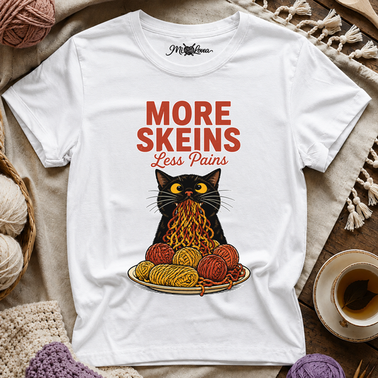 "More Skeins, Less Pains" Cat with Yarn T-Shirt