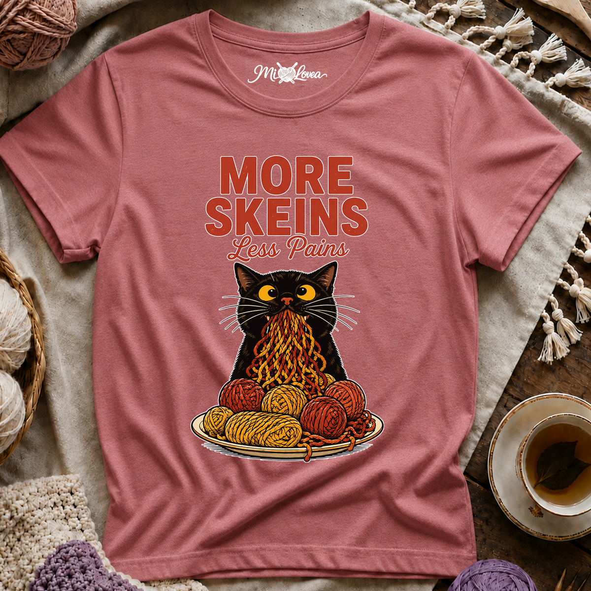"More Skeins, Less Pains" Cat with Yarn T-Shirt
