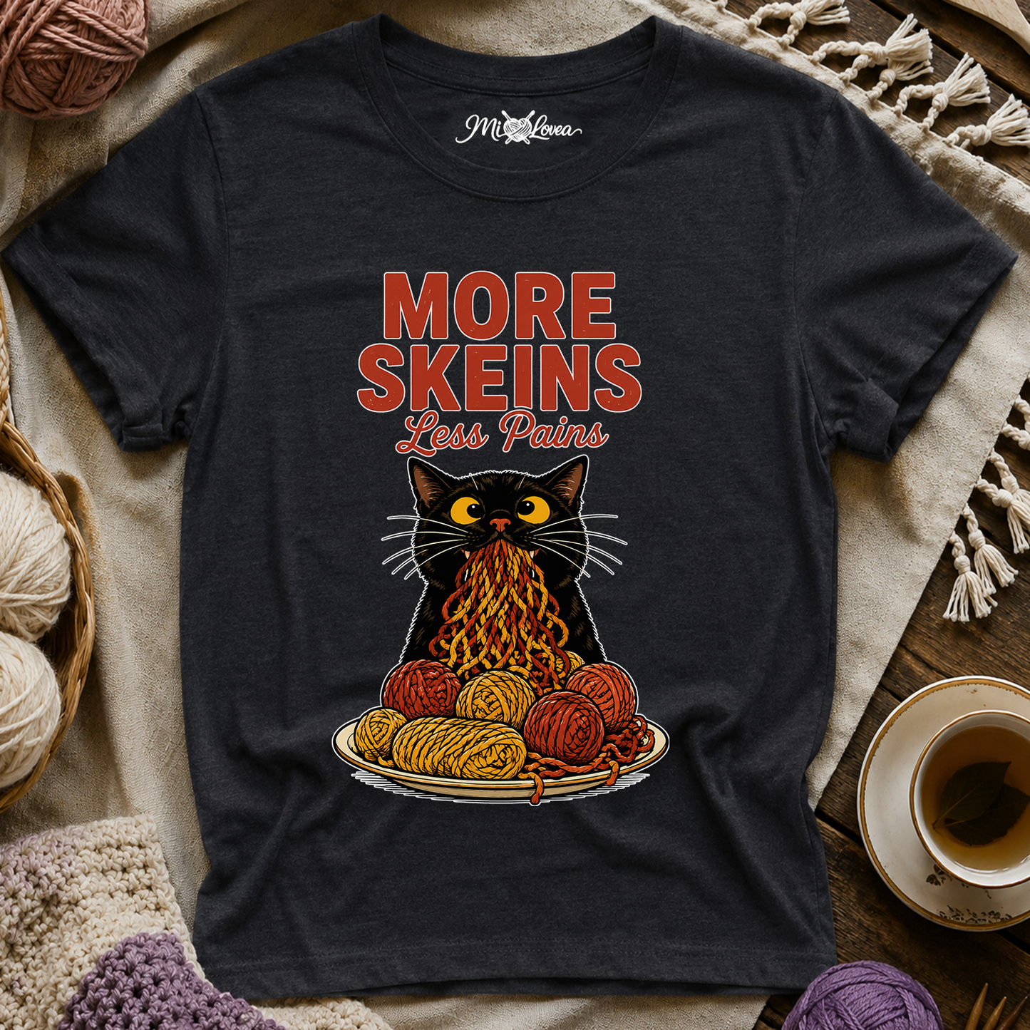 "More Skeins, Less Pains" Cat with Yarn T-Shirt