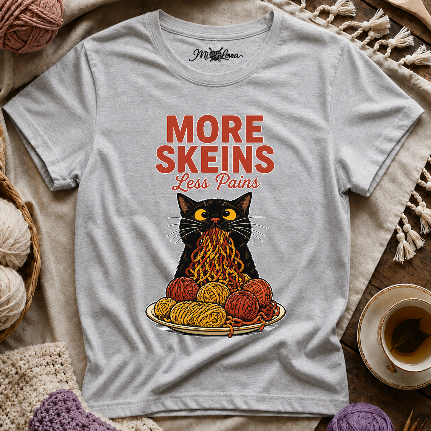"More Skeins, Less Pains" Cat with Yarn T-Shirt