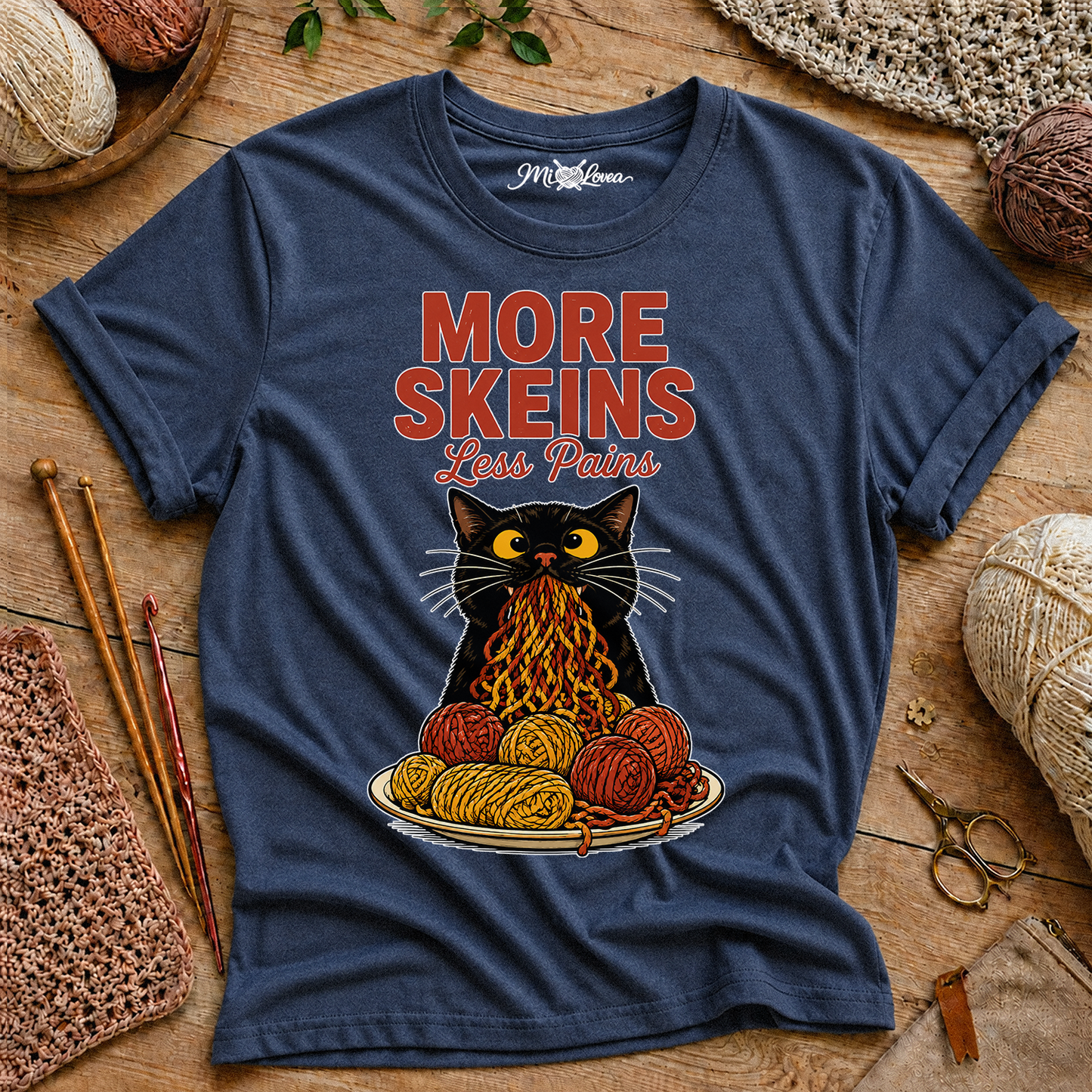 "More Skeins, Less Pains" Cat with Yarn T-Shirt