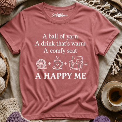 Knitting Lover Tee — “A ball of yarn + A drink + A comfy seat = A Happy Me”