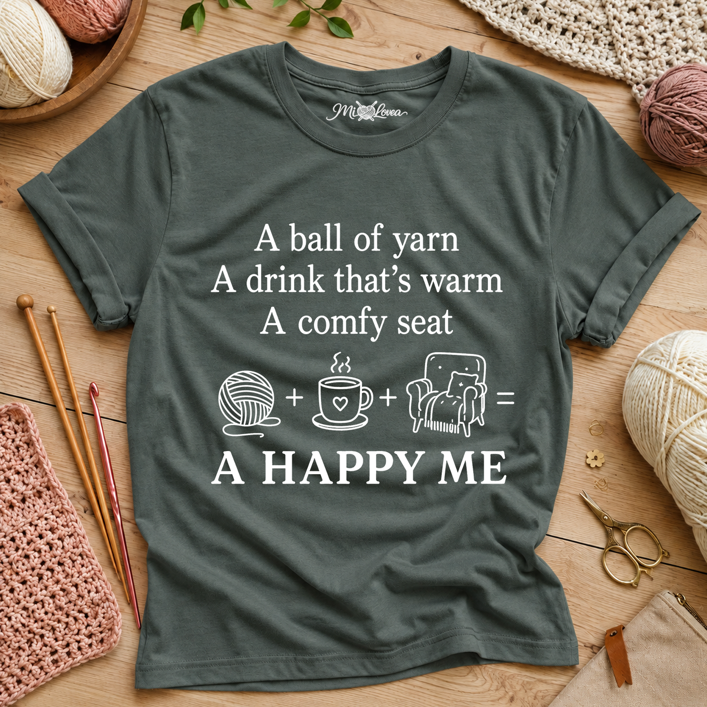 Knitting Lover Tee — “A ball of yarn + A drink + A comfy seat = A Happy Me”