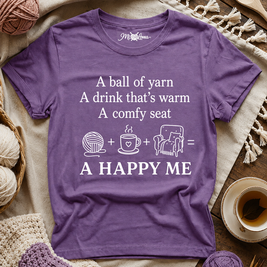 Knitting Lover Tee — “A ball of yarn + A drink + A comfy seat = A Happy Me”