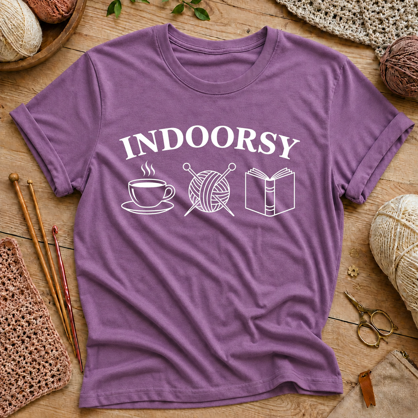 “Indoorsy” Coffee, Knitting & Reading T‑Shirt