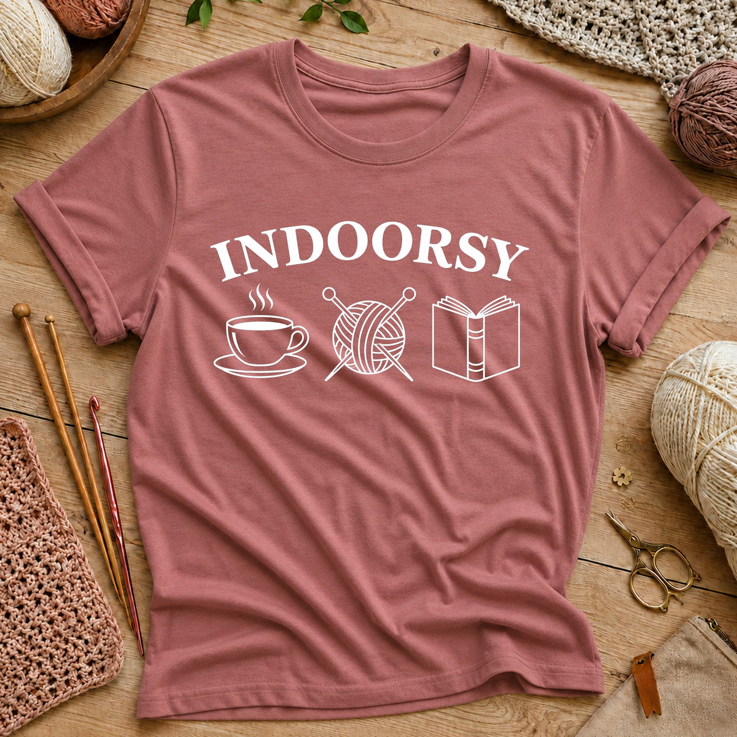 “Indoorsy” Coffee, Knitting & Reading T‑Shirt
