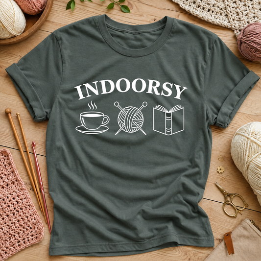 “Indoorsy” Coffee, Knitting & Reading T‑Shirt