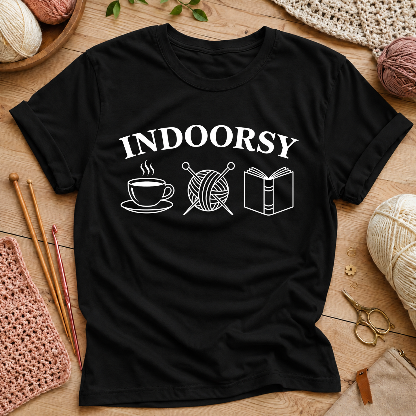 “Indoorsy” Coffee, Knitting & Reading T‑Shirt