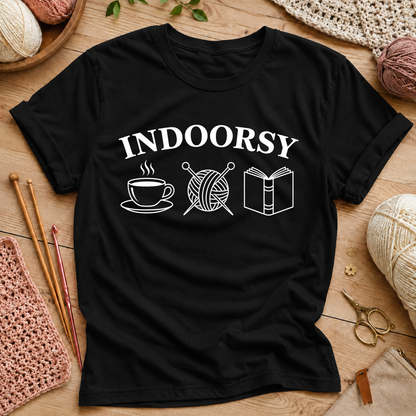 “Indoorsy” Coffee, Knitting & Reading T‑Shirt