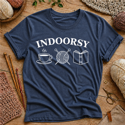“Indoorsy” Coffee, Knitting & Reading T‑Shirt