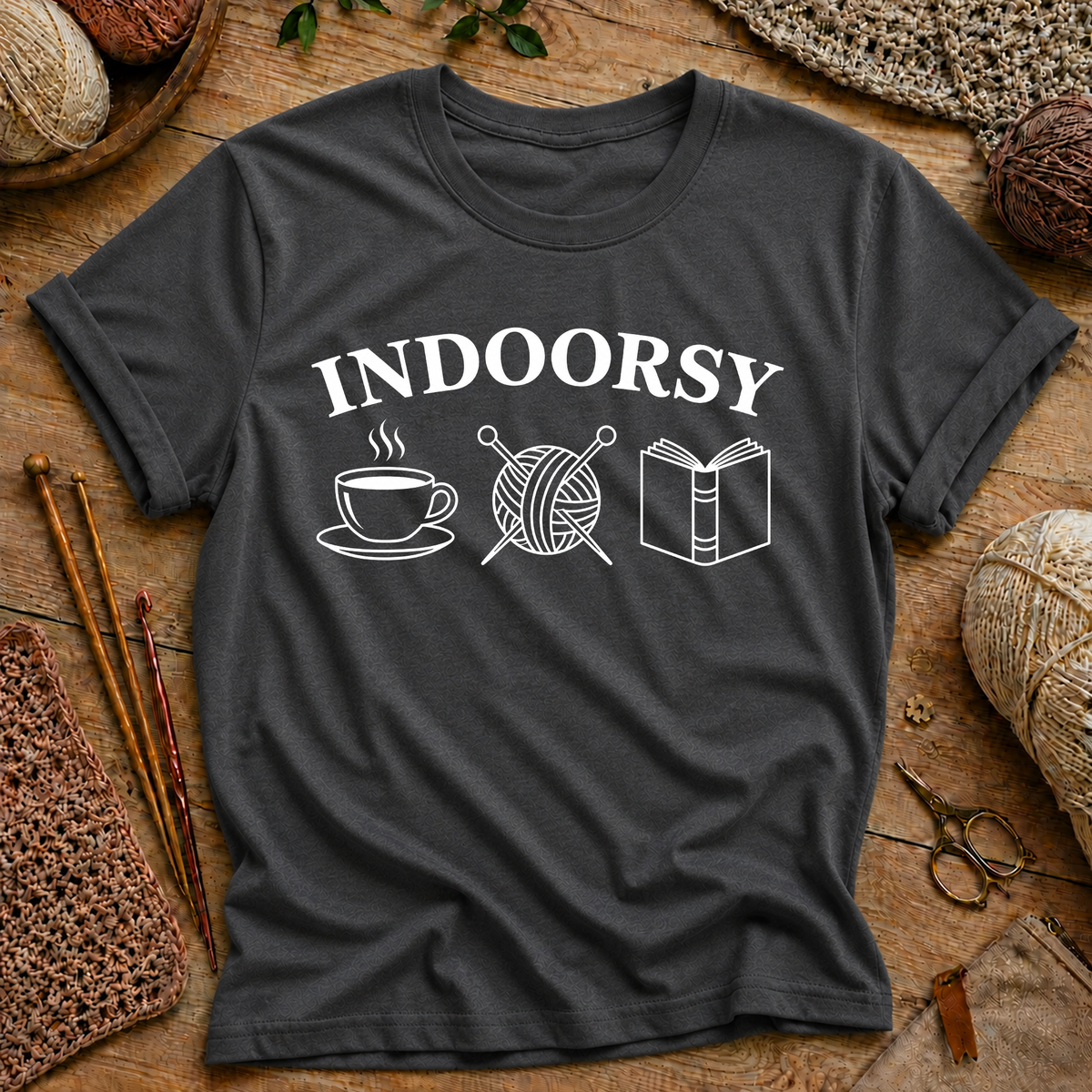 “Indoorsy” Coffee, Knitting & Reading T‑Shirt