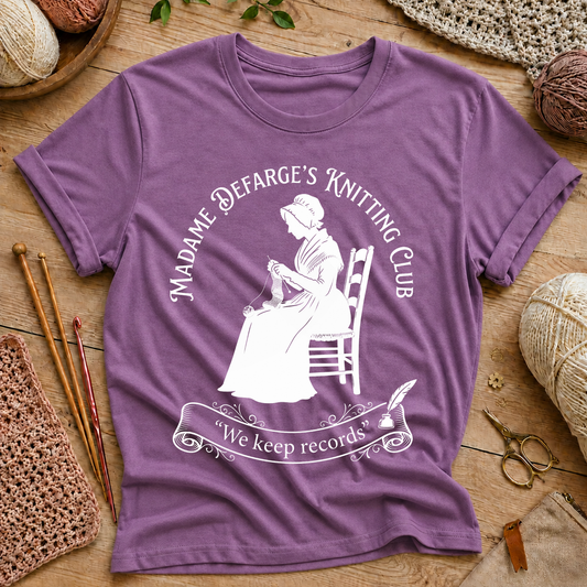Madame Defarge’s Knitting Club: We Keep Records T‑Shirt