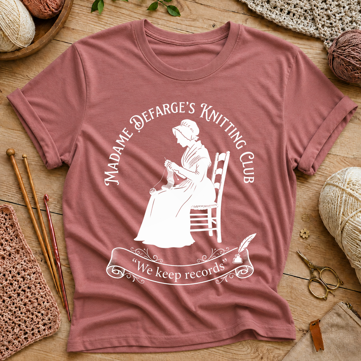 Madame Defarge’s Knitting Club: We Keep Records T‑Shirt
