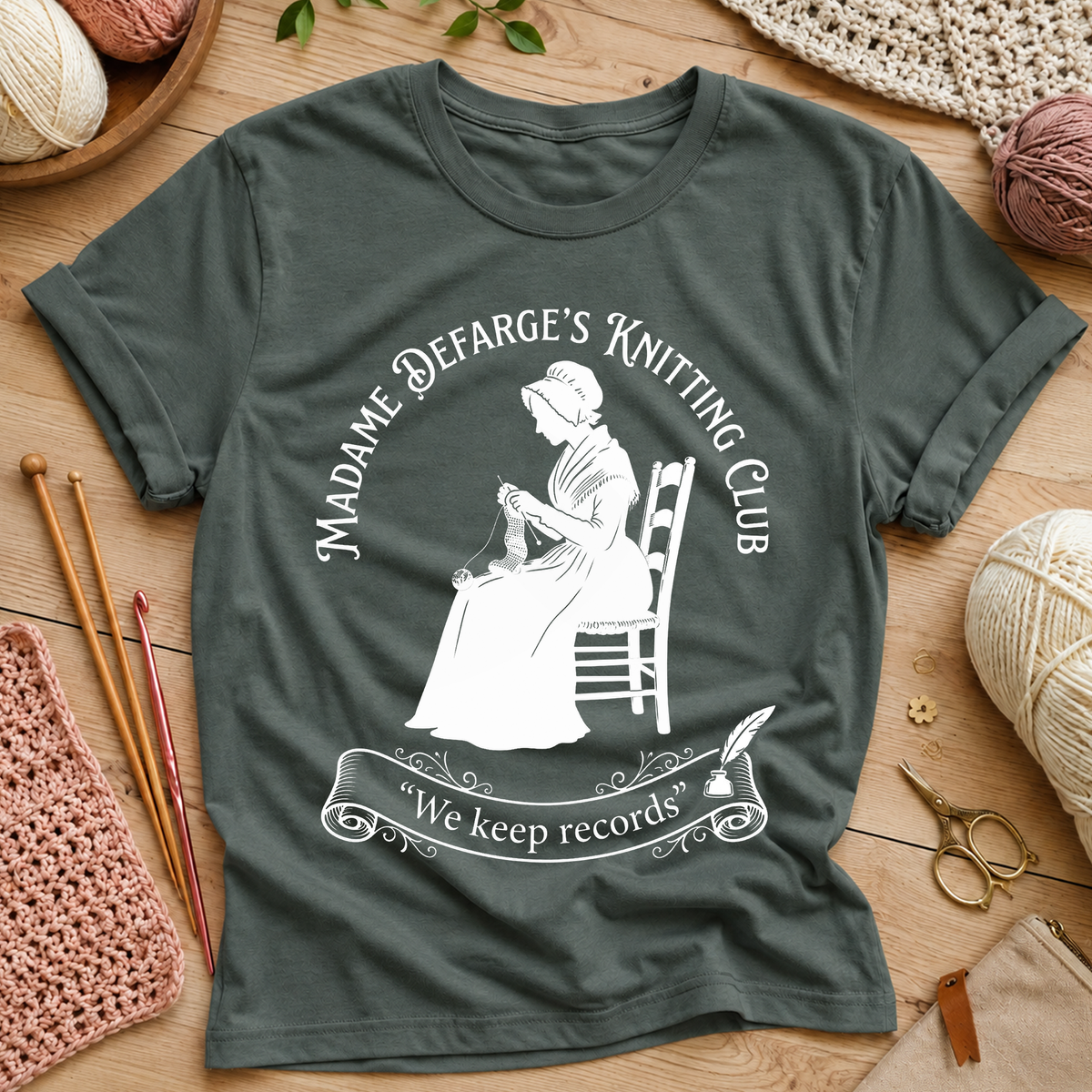 Madame Defarge’s Knitting Club: We Keep Records T‑Shirt