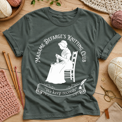 Madame Defarge’s Knitting Club: We Keep Records T‑Shirt