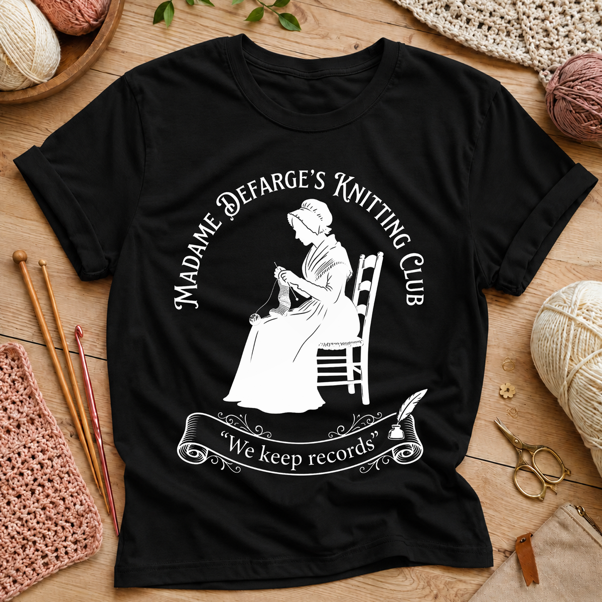 Madame Defarge’s Knitting Club: We Keep Records T‑Shirt