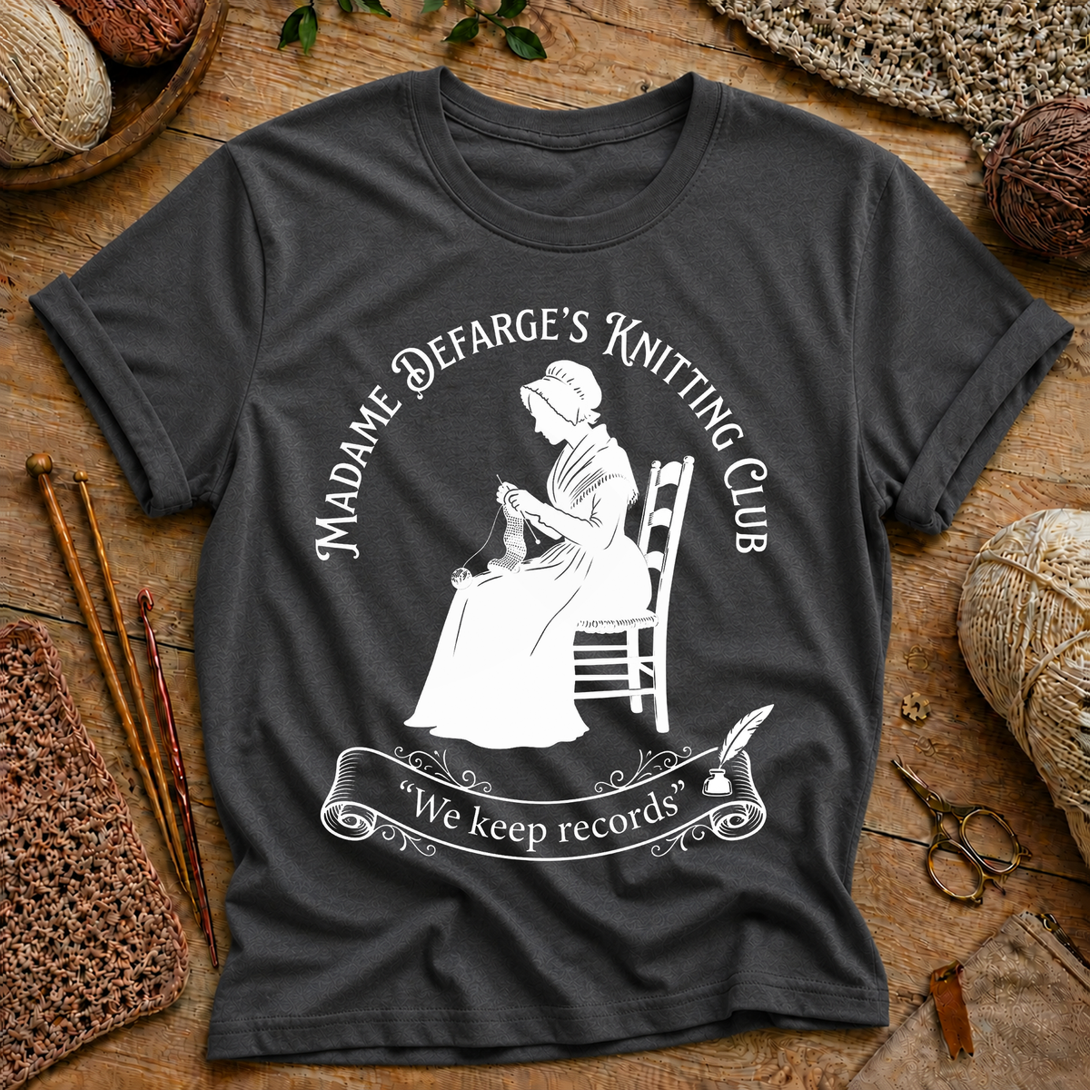 Madame Defarge’s Knitting Club: We Keep Records T‑Shirt